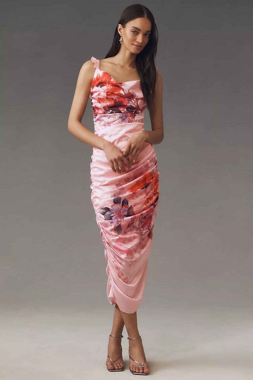 BHLDN Callie Sleeveless Ruched Charmeuse floral pink Midi Dress